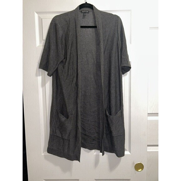 Eileen Fisher Long Open Front Cardigan Medium Gray Pockets Tencil Merino Wool - Picture 4 of 6